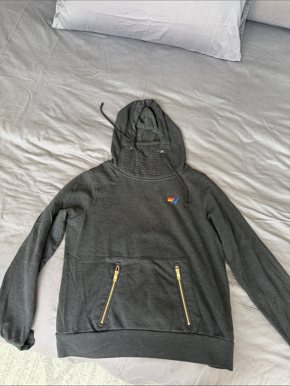 Aviator Nation Black Hooded Crewneck with Gold Zippers and Small Rainbow Logo